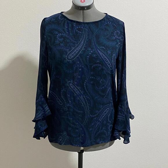 Chaps Tops - Chaps Women's Blouse Medium Ruffle Bell Sleeves Boho Blue Paisley Top